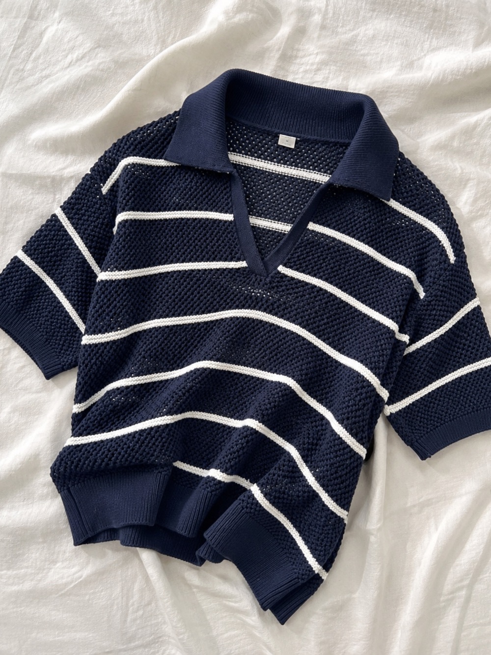 Old Navy Navy & White Striped Knit V-Neck Polo Sweater